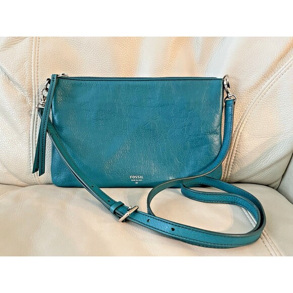 Fossil Sydney Leather Top Zip Crossbody Clutch Handbag Purse Bag ZB5701 Green - Picture 1 of 15